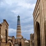 Discover the historic Islam Khoja Minaret and Shergazi Khan Madrasah in Khiva, Uzbekistan's Old Town.